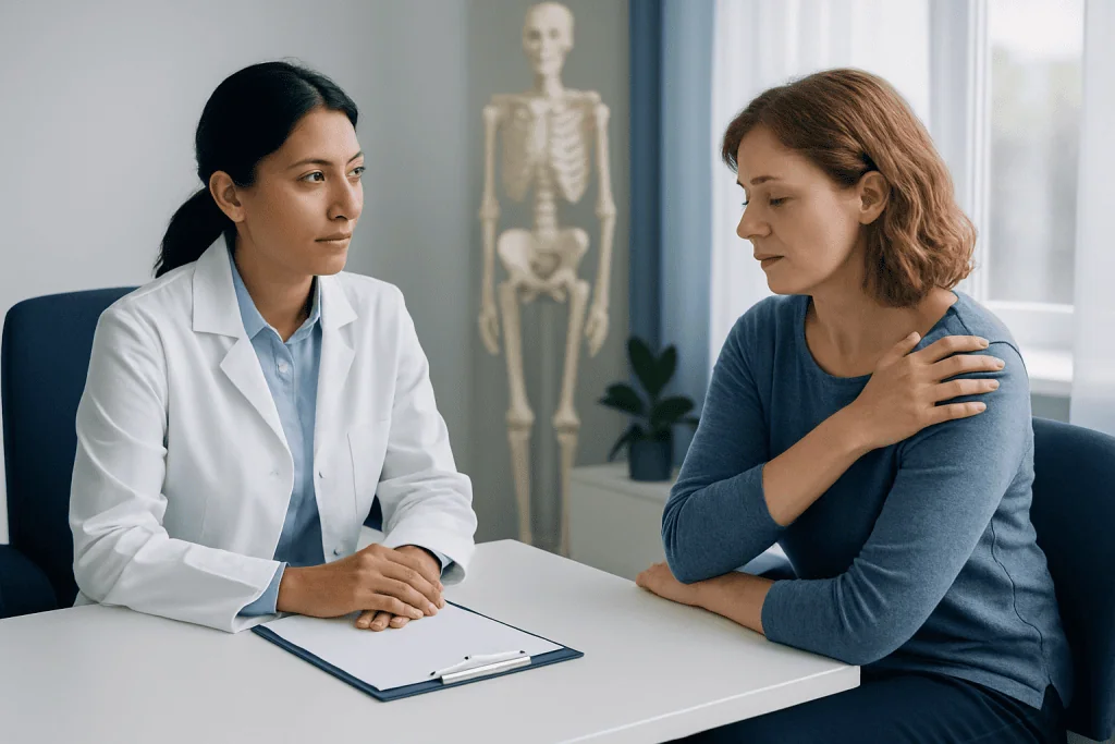 Doctor consulting patient about shoulder pain in a medical office.