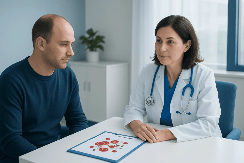 Doctor consulting with patient about blood test results at Acibadem Hospital.