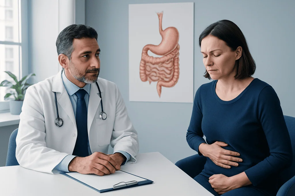 Doctor consulting a patient with stomach pain in a medical office.