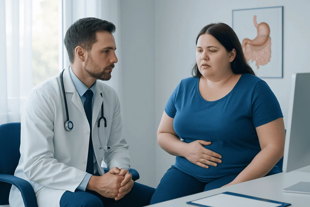 Doctor consulting with a woman patient about digestion issues in a medical office.