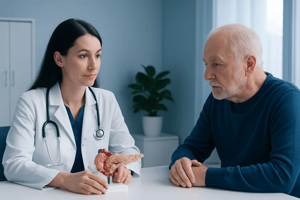 Doctor explaining pancreatic health to an elderly patient.