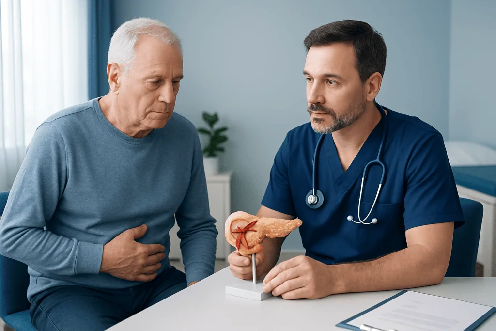 Doctor explaining pancreas model to patient in consultation room.