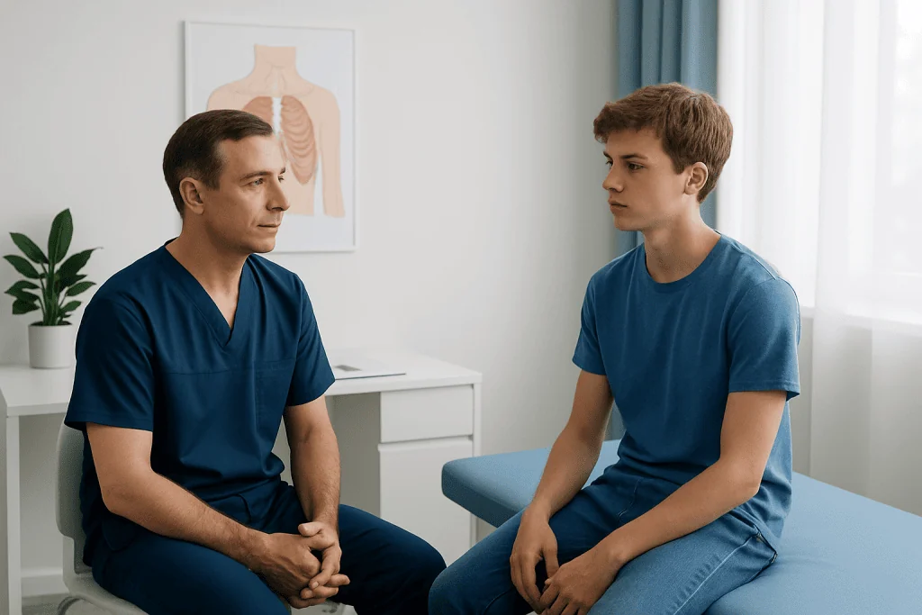 Doctor consulting with a teenage patient about chest wall issues in a medical office.