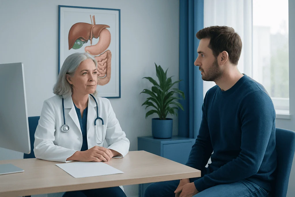 Doctor consulting patient about gallbladder health in a medical office.