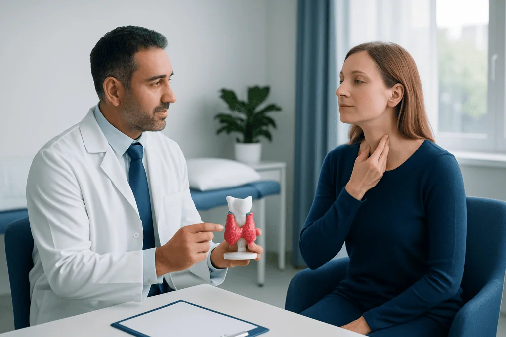 Doctor explaining thyroid health to a patient with a thyroid model.