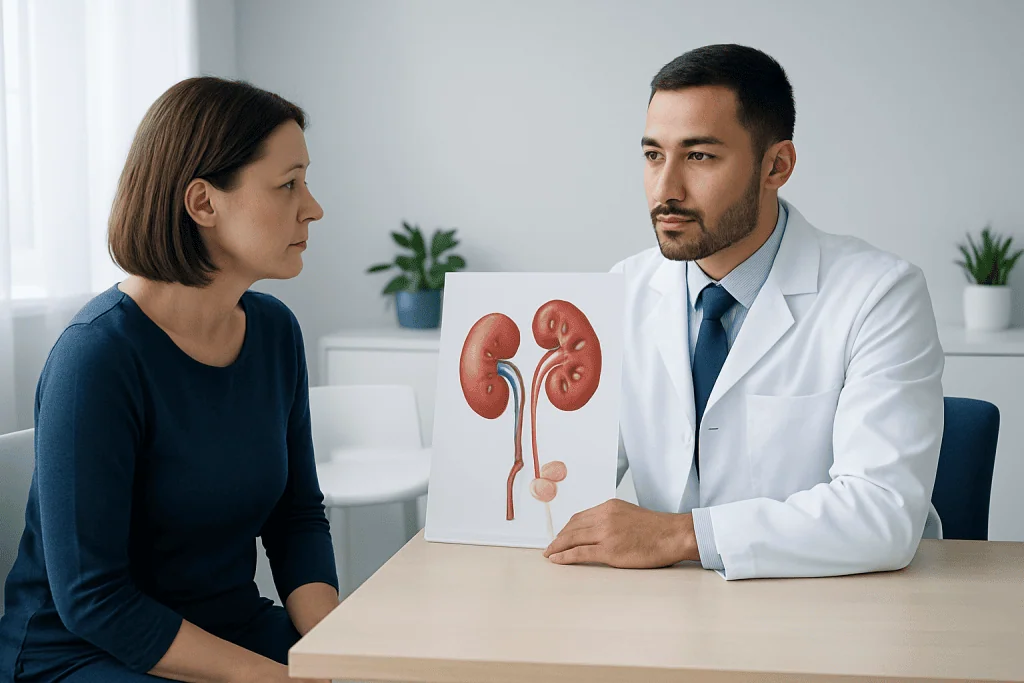 Doctor explaining kidney anatomy to a patient during consultation.