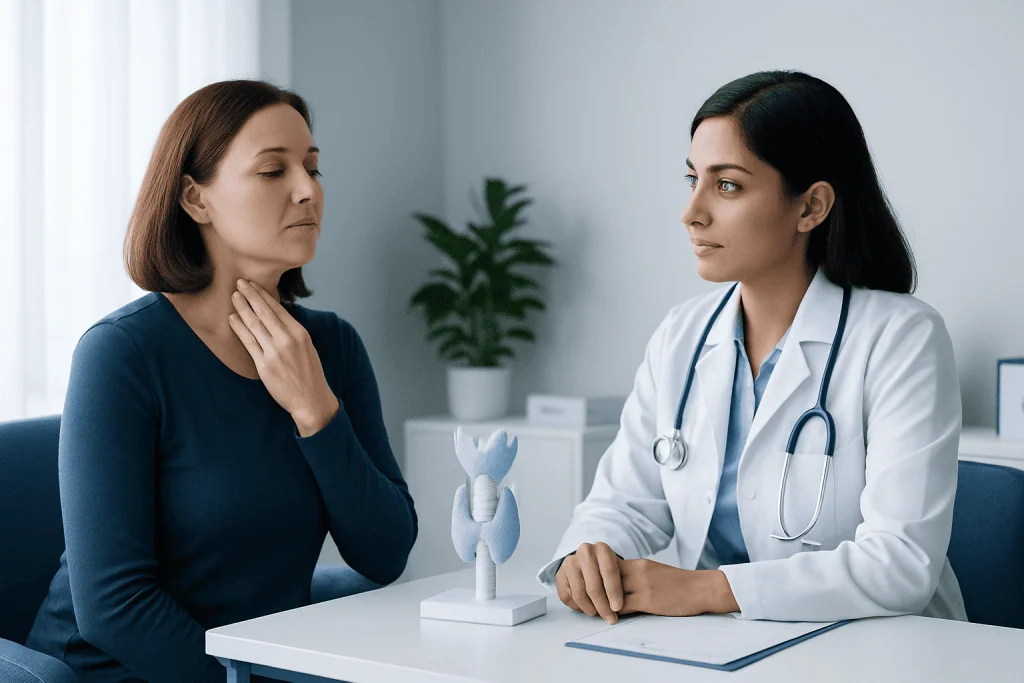 Doctor explaining thyroid health to a patient in a consultation room.