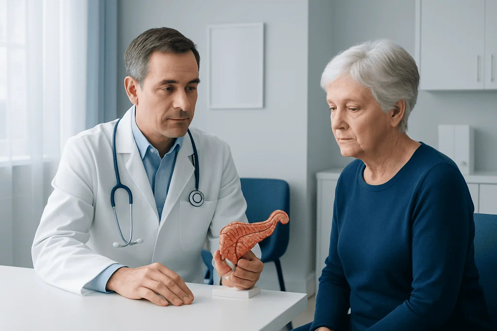 Doctor explaining pancreatic anatomy to an elderly patient in a medical consultation.