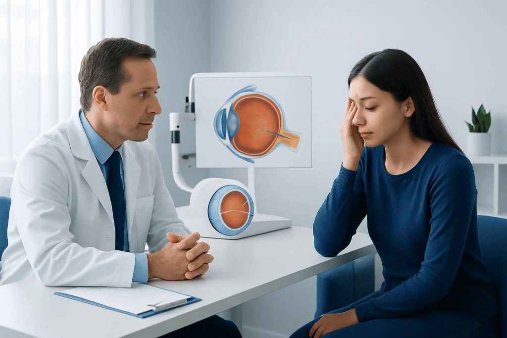 Ophthalmologist consulting with a patient about eye health and vision issues.
