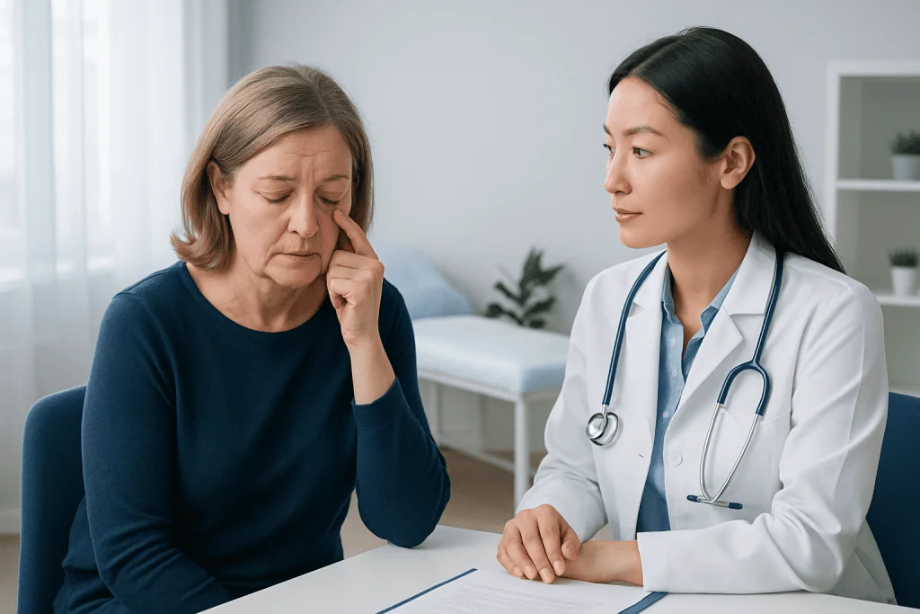 Doctor consulting with an elderly woman about eye health issues.