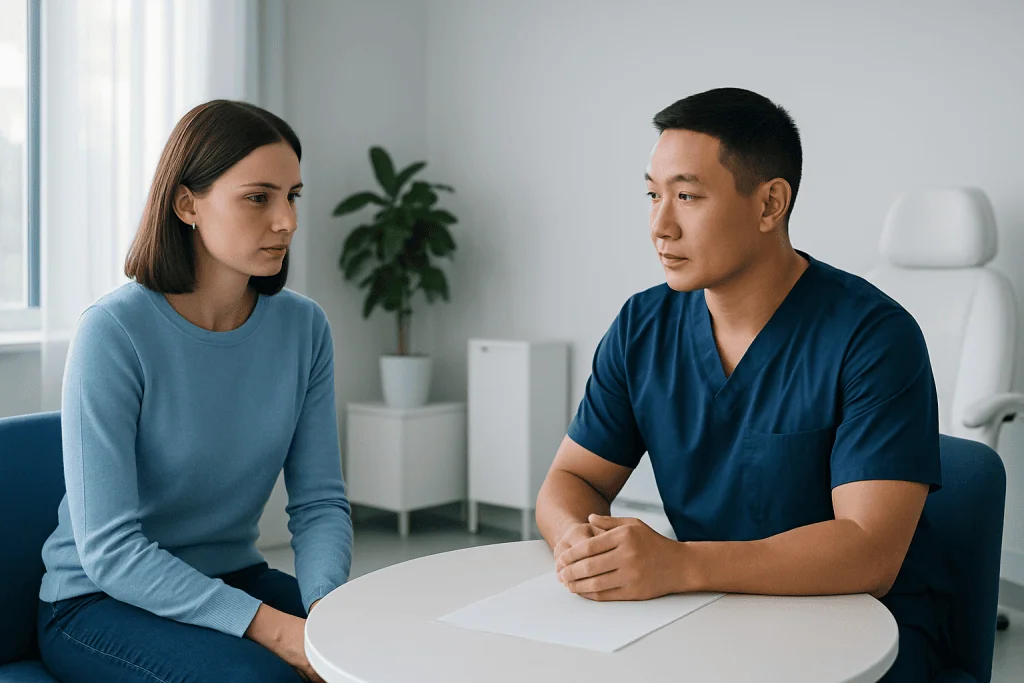 Doctor consulting with a patient about eye health in a clinic setting.