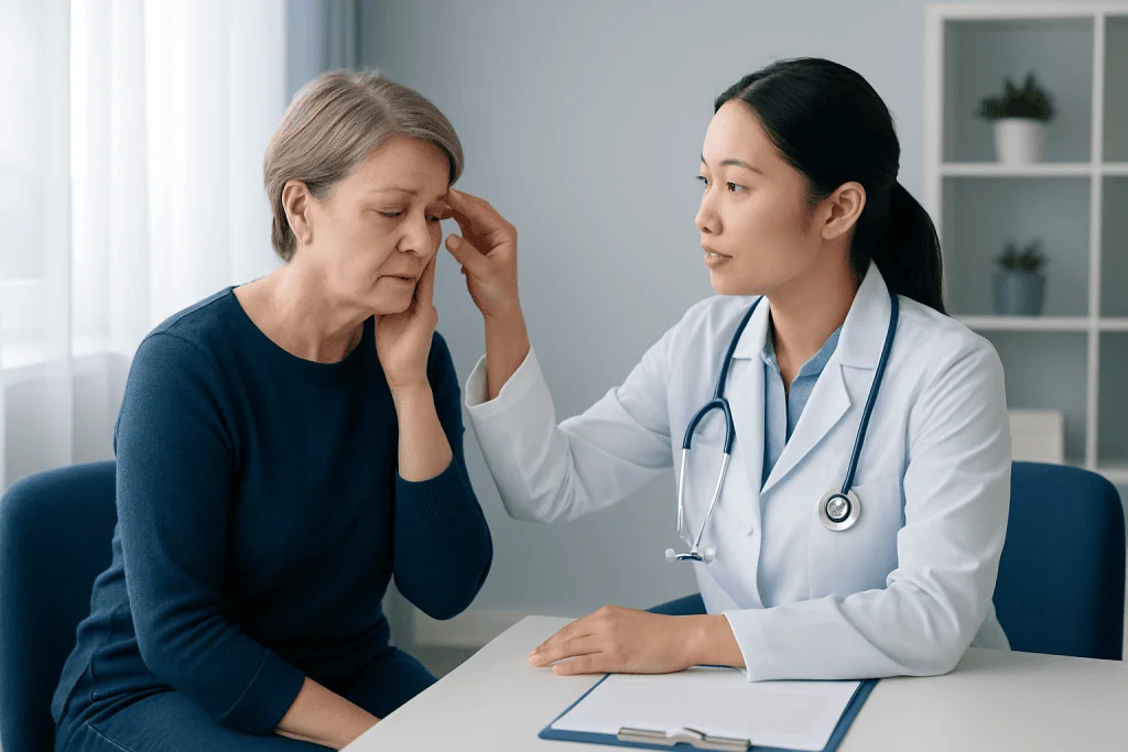 Doctor examining an elderly woman's eye in a medical consultation room.