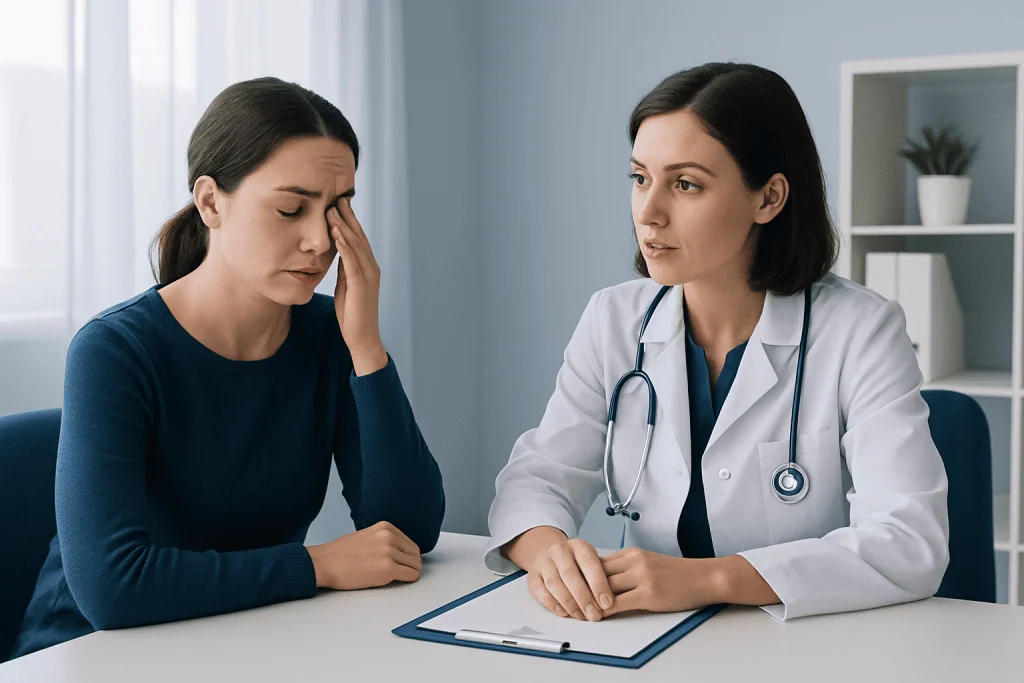 Woman with eye pain consulting a doctor in a clinic.
