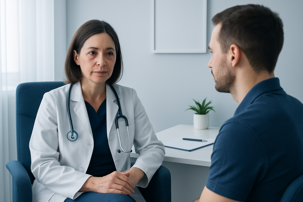 Doctor consulting a patient about eye health and conjunctivitis care.