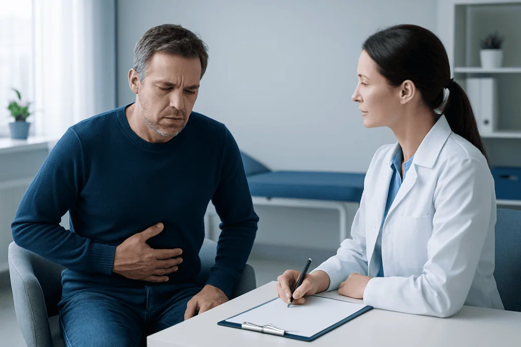 Man experiencing stomach pain during medical consultation at Acibadem Hospital.