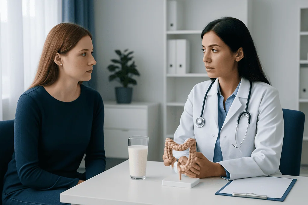 Doctor explaining lactose intolerance to a patient with a model of the digestive system.