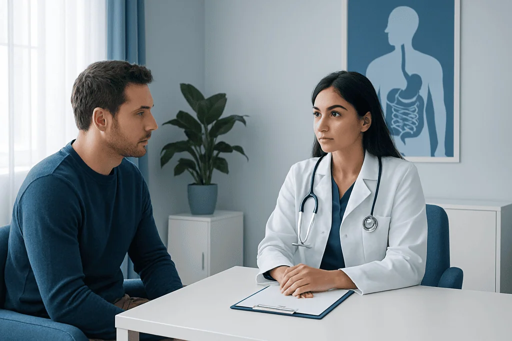 Doctor consulting with patient about digestive health and lactose intolerance.
