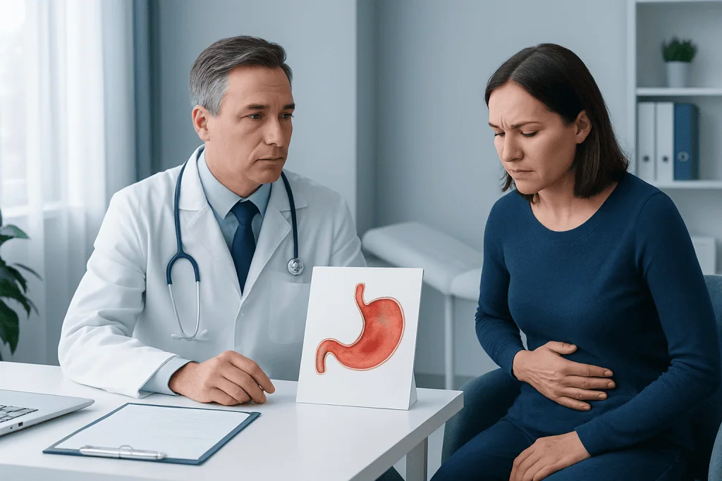 Doctor explaining stomach ulcer to patient in consultation room.