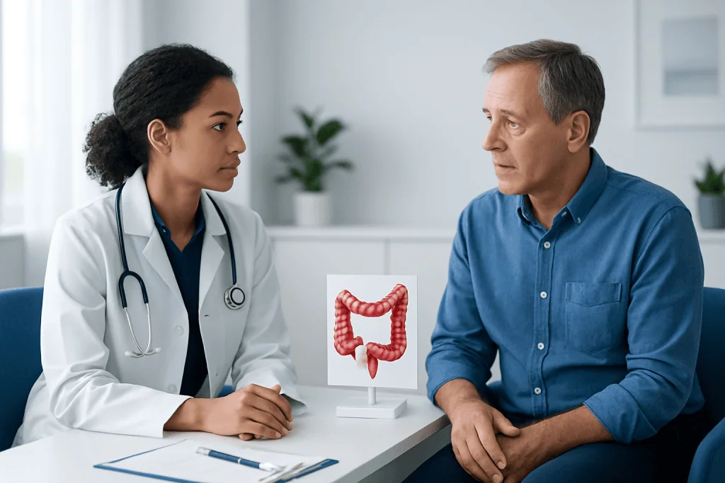 Doctor explaining colon health to patient with colon model in clinic.