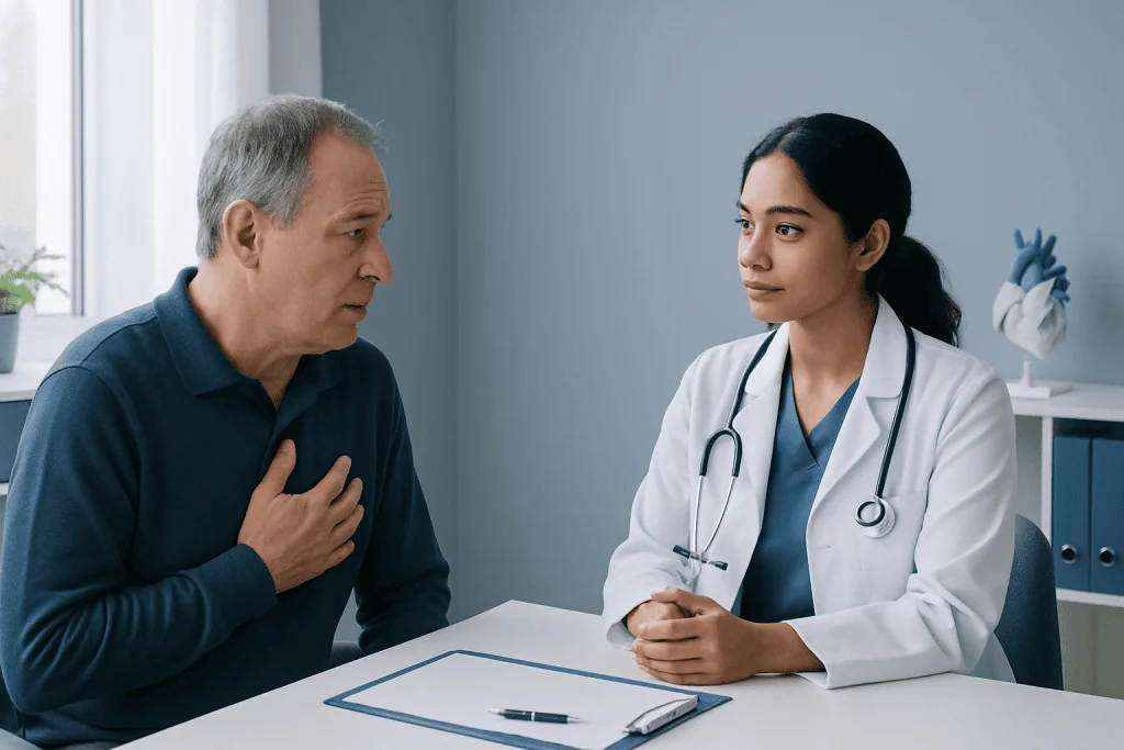 Doctor consulting with a patient about heart health symptoms.