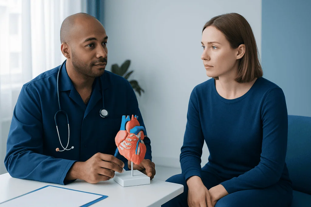 Doctor explaining heart health with a model to a patient in a clinic setting.