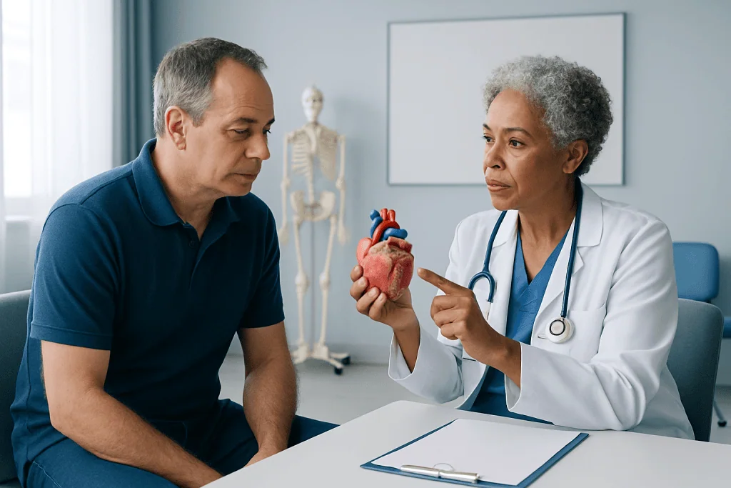 Doctor explaining heart health to a patient with a model of a human heart.