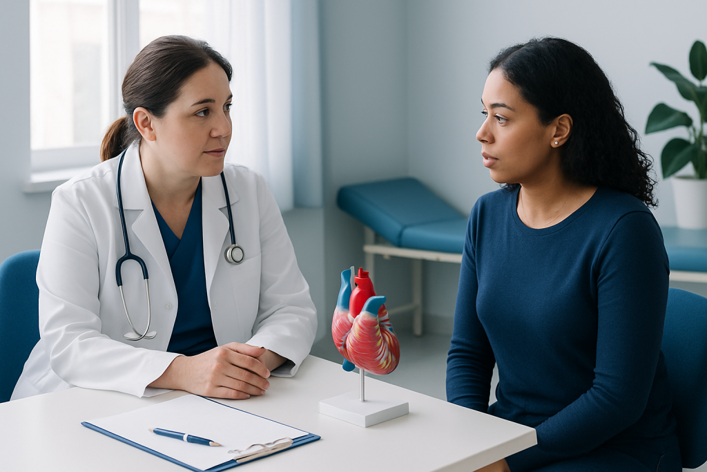Doctor consulting with a patient about heart health and murmurs.