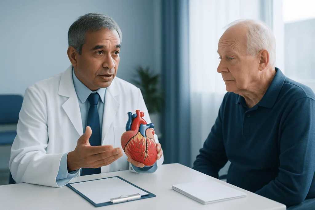 Doctor explaining heart health to an elderly patient with a heart model.