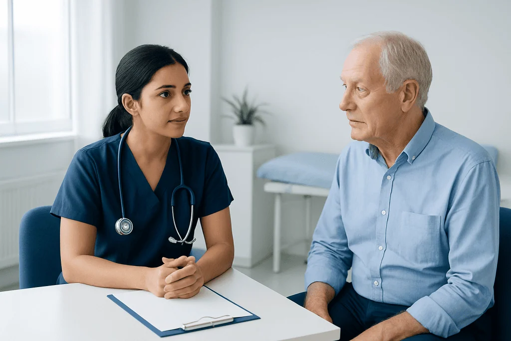Doctor consulting with elderly patient in a medical office.