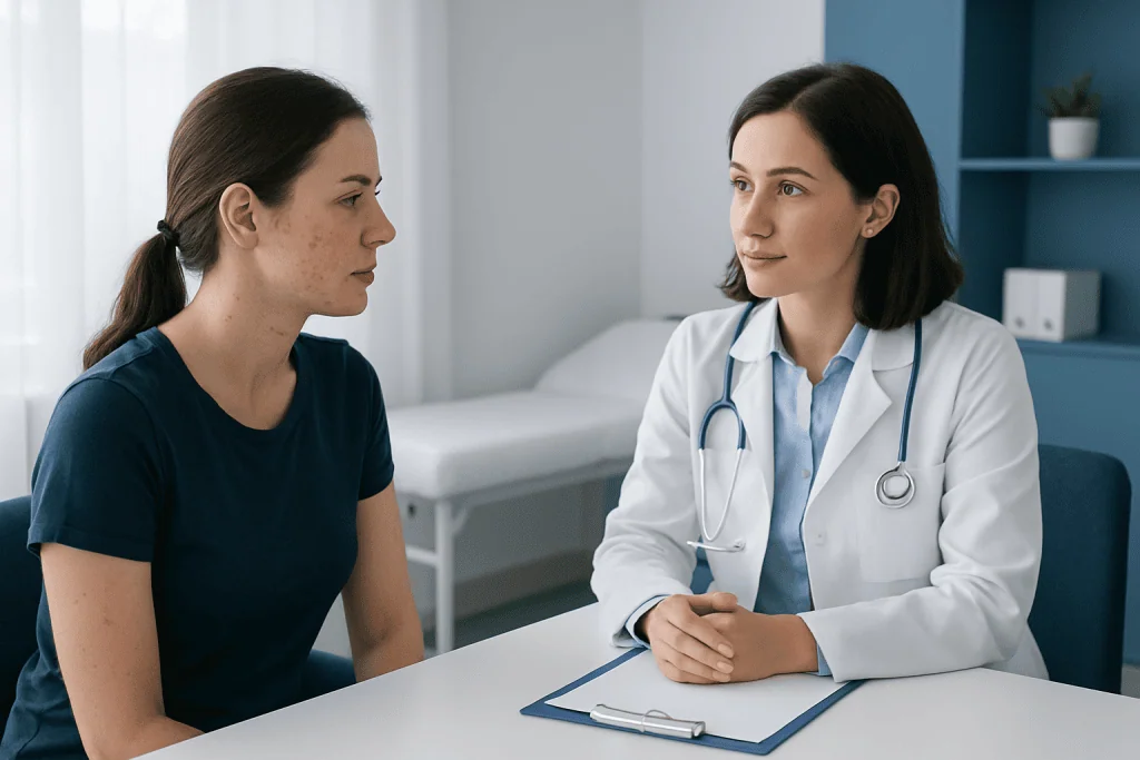 Doctor consulting with a young woman about hormonal acne treatment options.