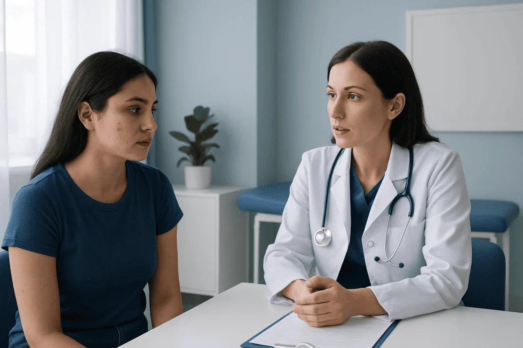 Doctor consulting with young woman patient in clinic setting.