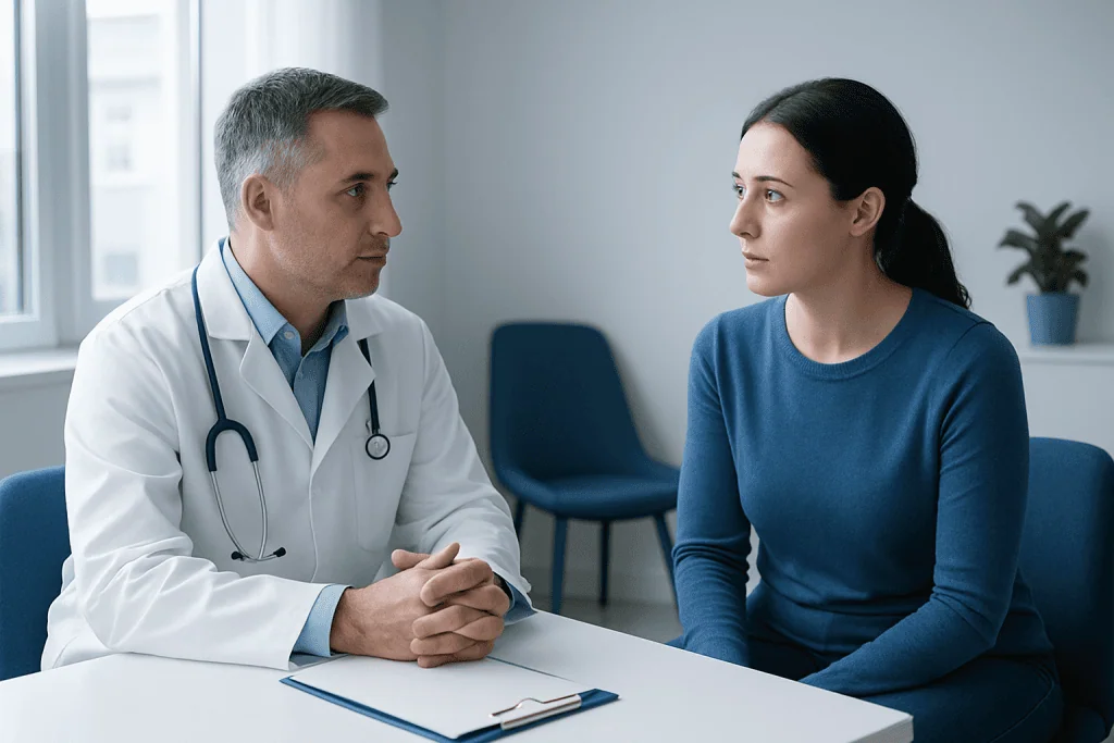 Doctor consulting with a female patient in a medical office.