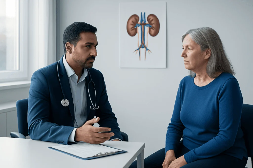 Doctor consulting with a female patient about kidney health in a medical office.