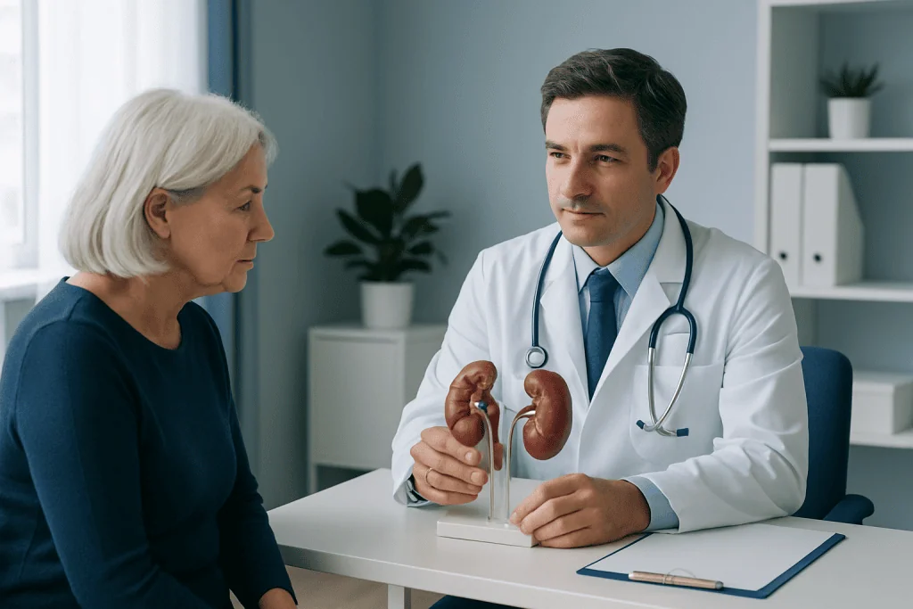 Doctor explaining kidney health to an elderly woman in a medical consultation.