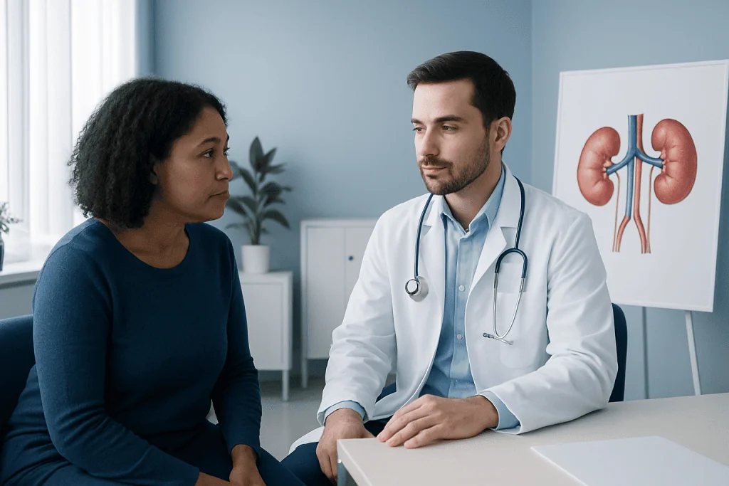 Doctor consulting with a patient about kidney health in a medical office.
