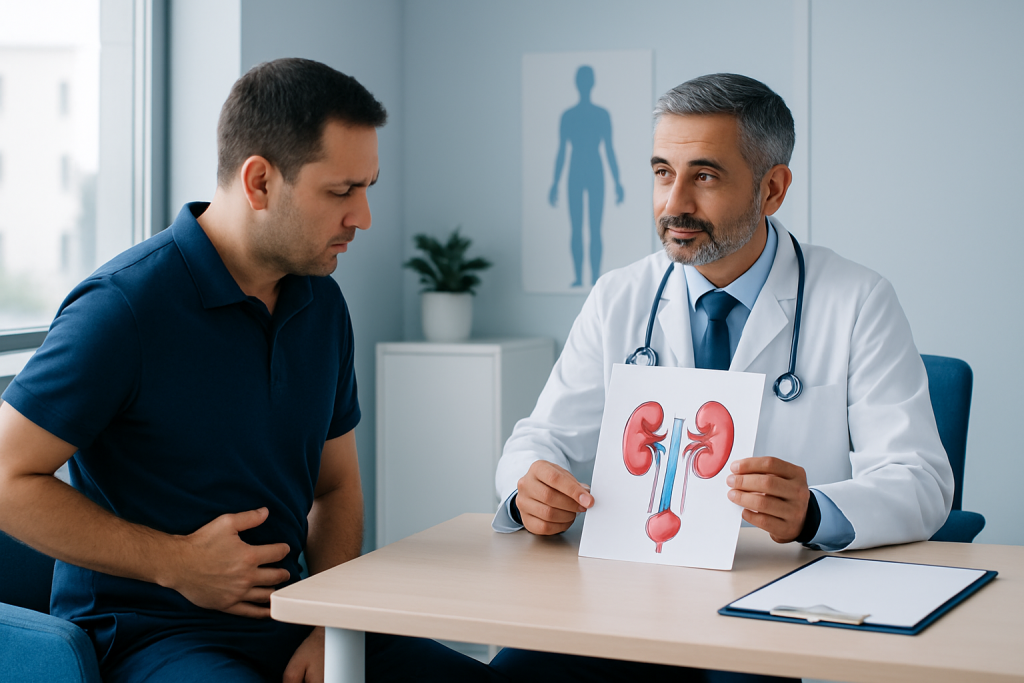 Urologist explaining kidney health to patient in a medical consultation.
