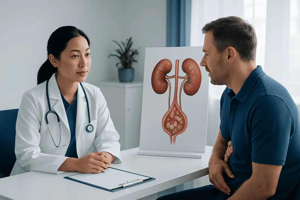 Doctor explaining kidney anatomy to patient in a consultation room.