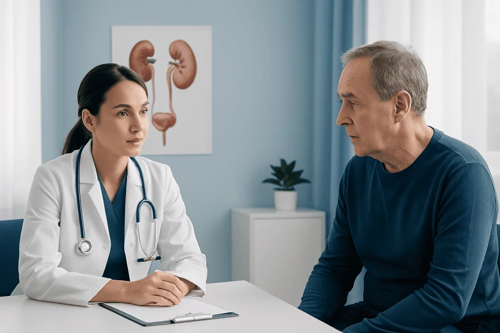 Doctor consulting with male patient about kidney health in clinic.