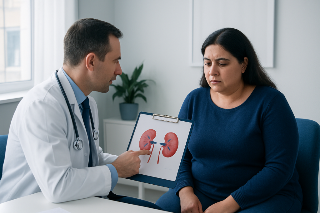 Doctor explaining kidney health to a patient with a diagram.