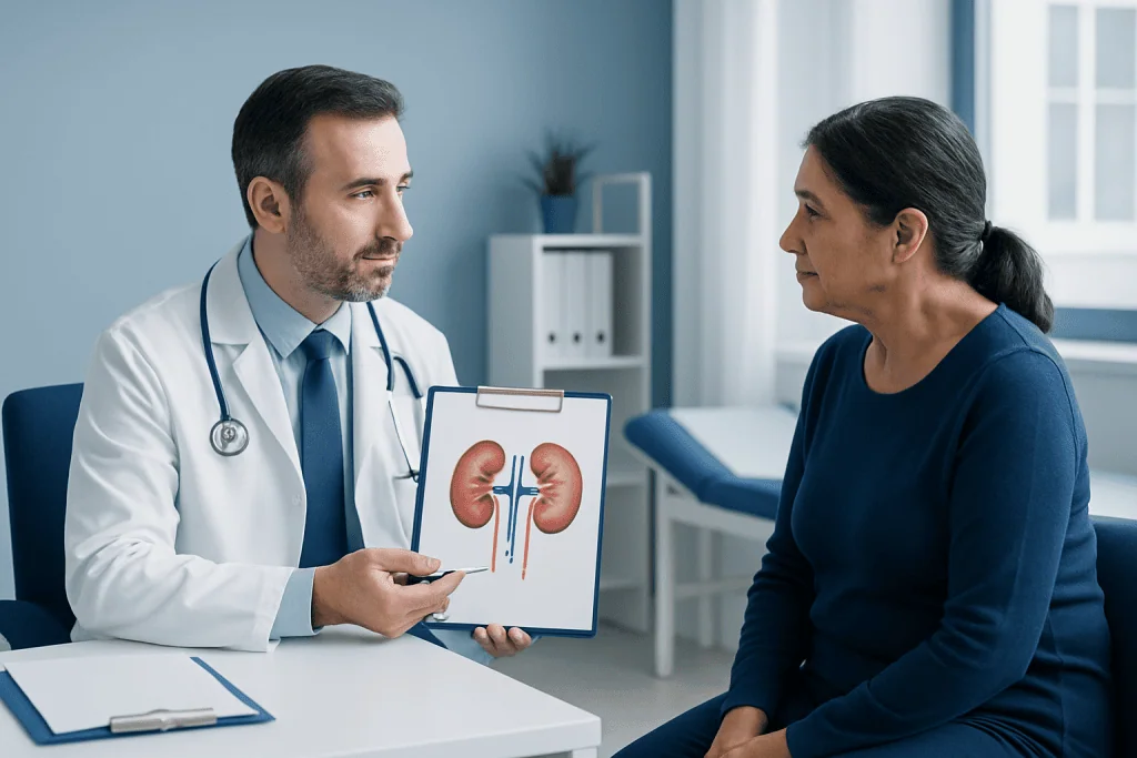 Doctor explaining kidney health to a patient with kidney diagram.