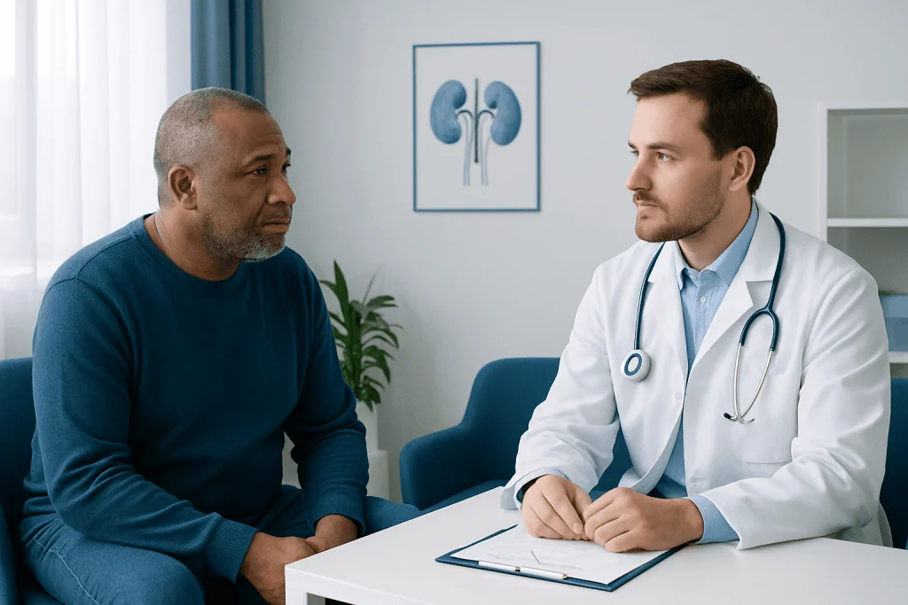 Doctor consulting with patient about kidney health in a medical office.
