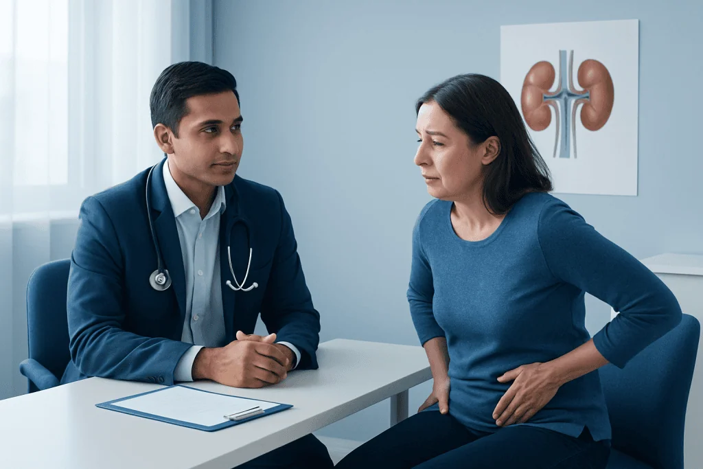 Doctor consulting with a woman patient about kidney health.