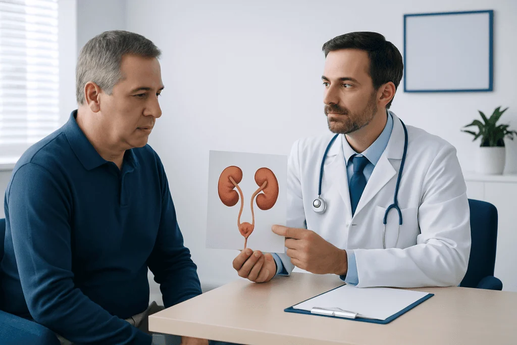 Urologist explaining kidney anatomy to patient in consultation room.