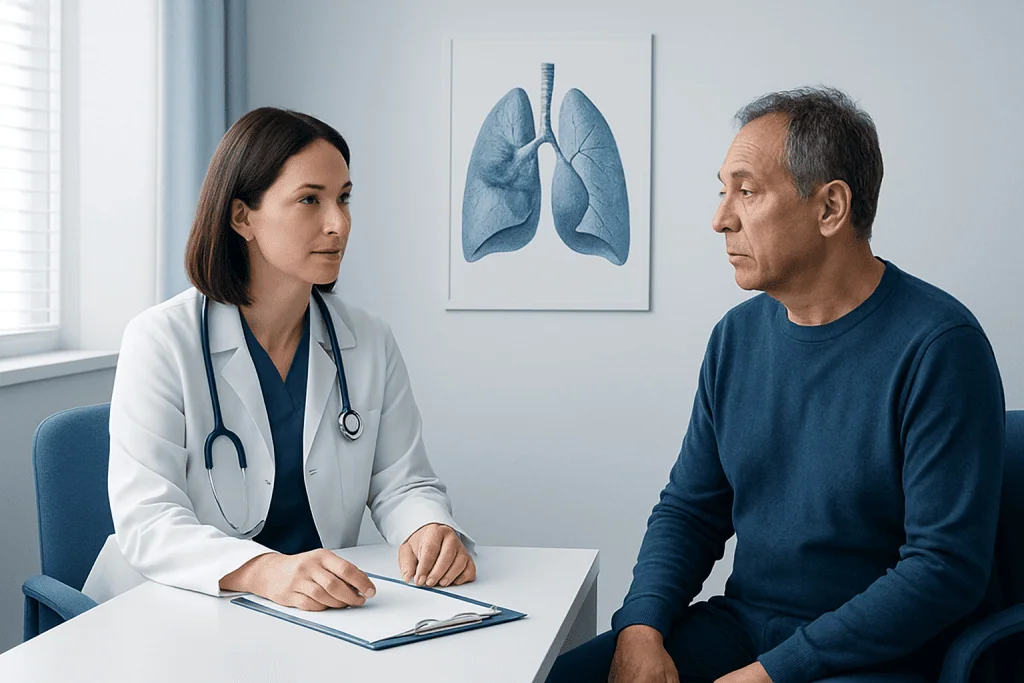 Doctor consulting with patient about lung health in a medical office.