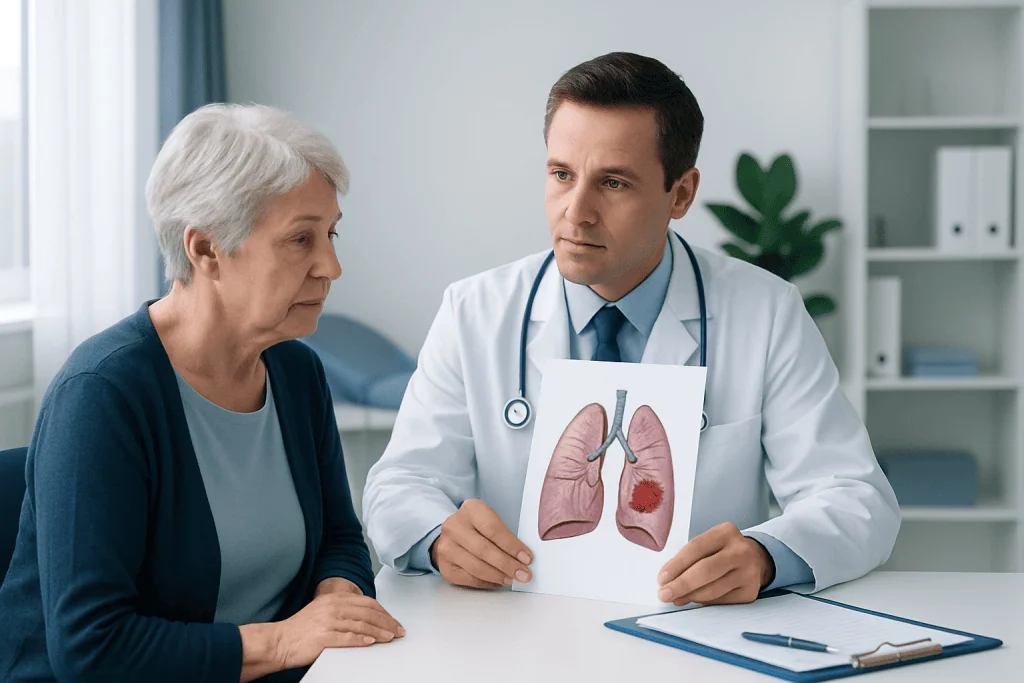 Doctor explaining lung tumor to elderly woman in a medical consultation.