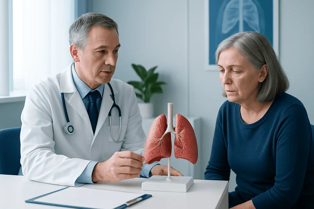 Doctor explaining lung model to a patient in a medical consultation.