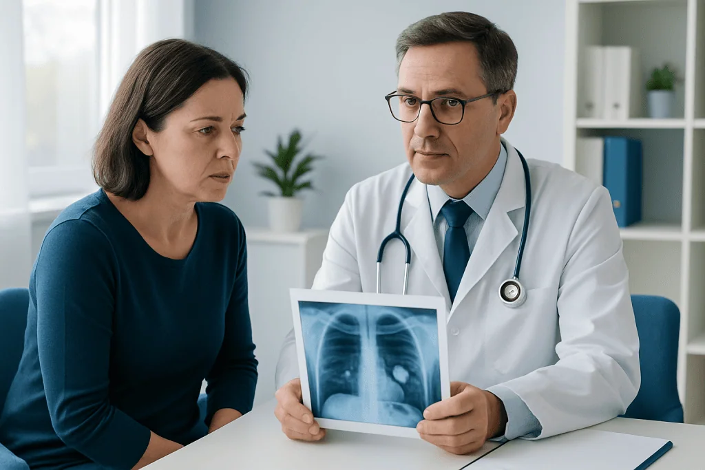 Doctor explaining lung X-ray to a patient in a medical consultation.