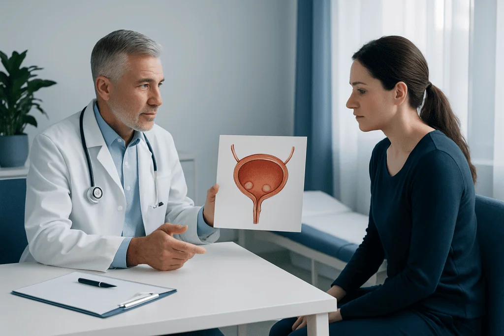 Urologist explaining bladder health to a patient with a diagram.