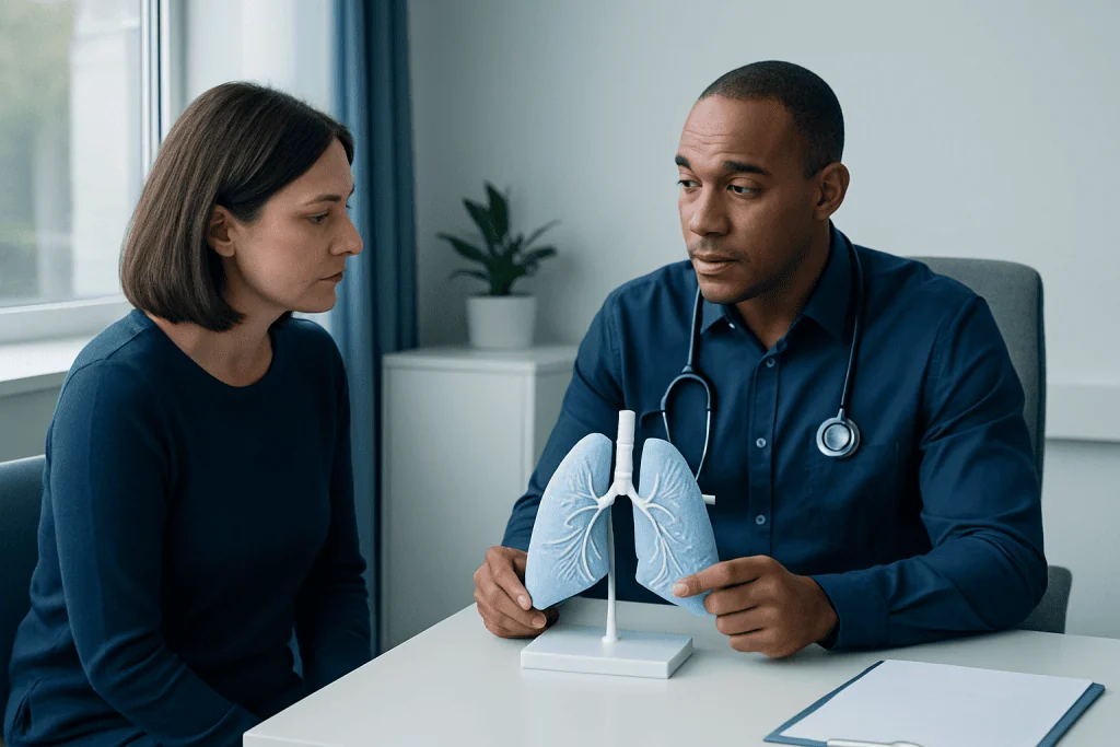 Doctor explaining lung health with a model to a patient in a clinic setting.