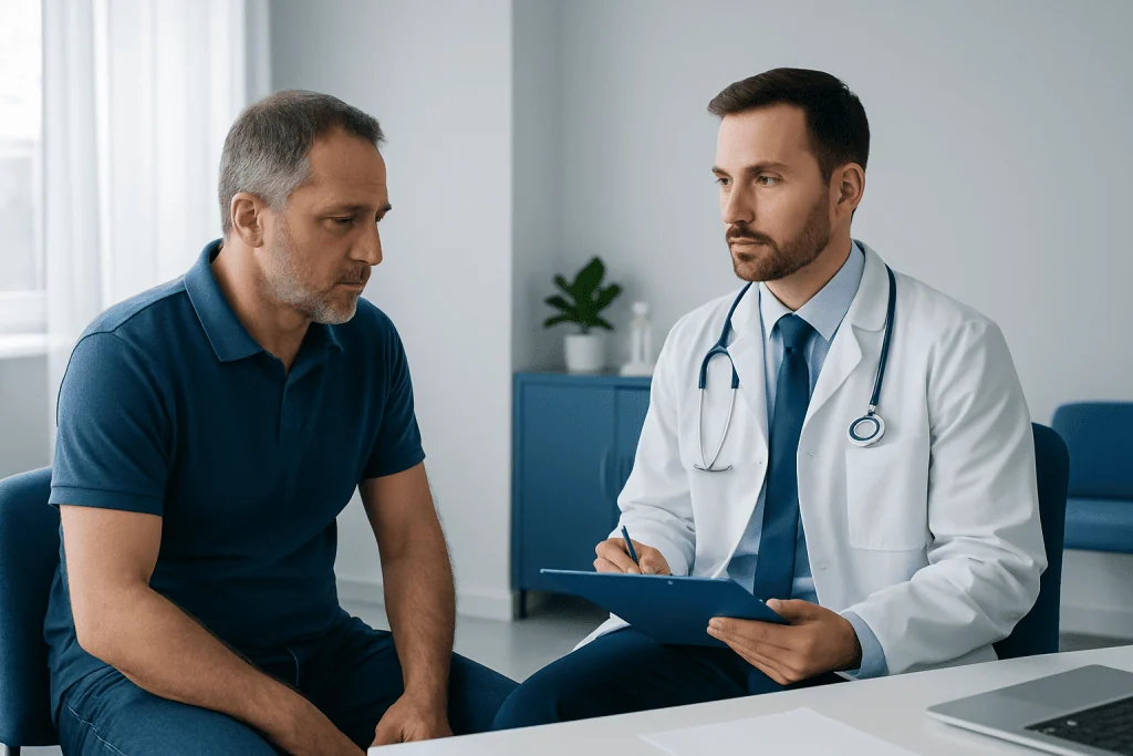 Doctor consulting with male patient about urinary health in clinic.